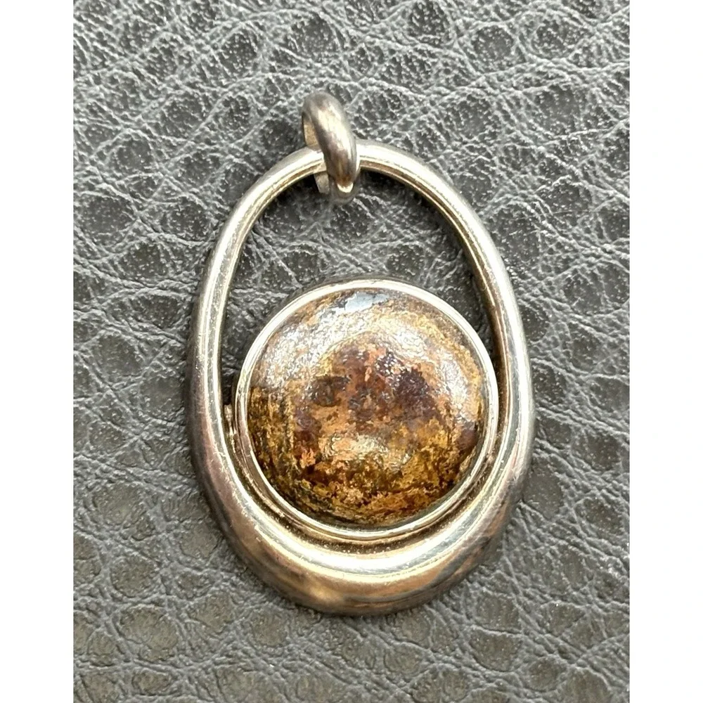 Vintage Signed Modernist Bronzite Sterling Silver Pendant Necklace